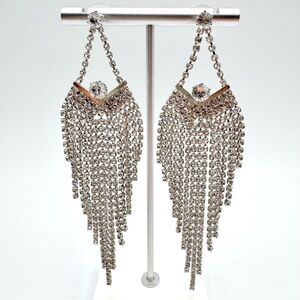 Vintage Prong Set Rhinestone Fringe Curtain Silver Tone Duster Earrings Glam